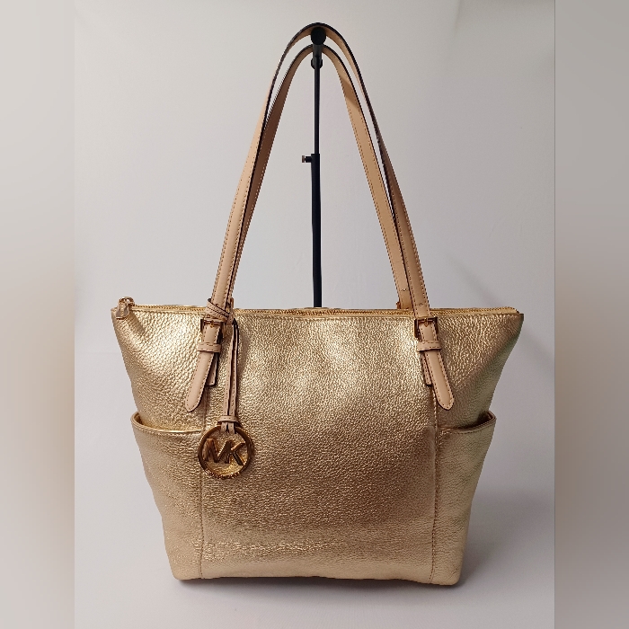 Michael Kors Gold Leather Jet Set Top Zip Tote Euc $343 Retail
